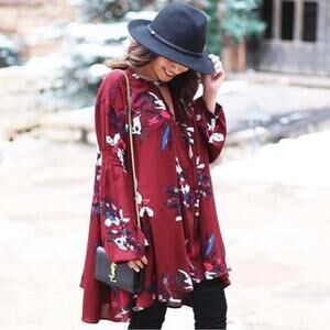 Boutique Red Floral Bohemian Boho Statement Sleeve Tunic Top
